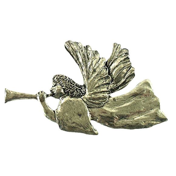 Vintage Sheridan Angel Brooch Pewter Silver Tone Trumpet Pin 2.75” - Picture 1 of 5